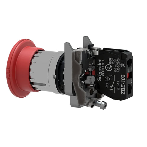 Schneider Electric XB4BS8442 emergency switch push button, red actuator, chromium bezel, 22 mm fit, side view.