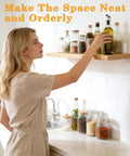 Heavy Duty White Floating Shelf Brackets 4 Pack L Brackets For Wall Mounted Storage holding jars and oils on a wood shelf in kitchen