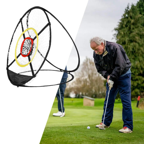 Man practicing with golf chipping net foldable design for indoor and outdoor training, includes ball bag