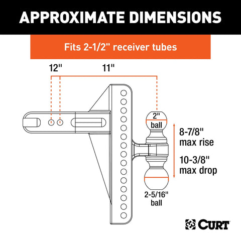 Diagram of Beefy Dual Ball Adjustable Channel Mount For 2-1/2 Inch Receiver Hitches, 20,000 Lb Capacity, Flip Shank options