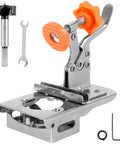 Front view of Pro Grade Concealed Door Hinge Jig For Precise Cabinet Door Mounting, 35mm Stainless Steel Locking Hinge Jig With Adjustable 0-30mm Clamp Range, Locator Hole Drilling Positioning Tool With Drill Bit Included showing parts and accessories.