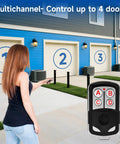 Woman using Garage Door Opener Remote Keychain Fits Chamberlain LiftMaster And Craftsman From 1993 To Present Replaces 373LM