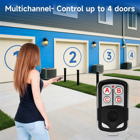 Woman using Garage Door Opener Remote Keychain Fits Chamberlain LiftMaster And Craftsman From 1993 To Present Replaces 373LM