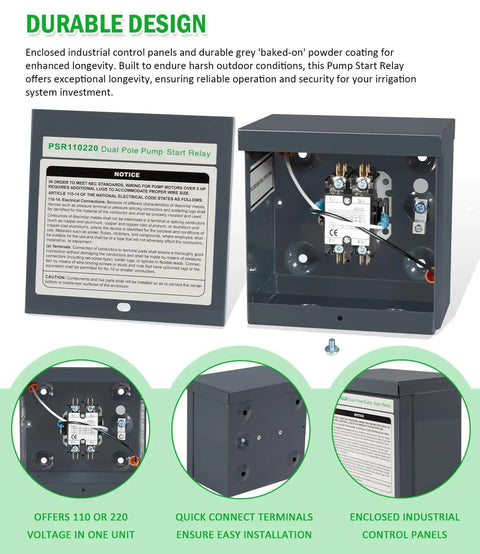 Universal Dual Pole Pump Start Relay 110V 220V Replacement For Irrigation Systems And Water Pumps 24 VAC visible in open enclosure