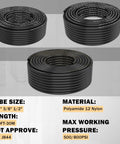 Three-view collage of black polyamide air hose coils, 100 ft each, sizes 1/4, 3/8, 1/2 in, DOT-approved