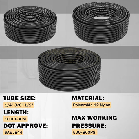 Three-view collage of black polyamide air hose coils, 100 ft each, sizes 1/4, 3/8, 1/2 in, DOT-approved