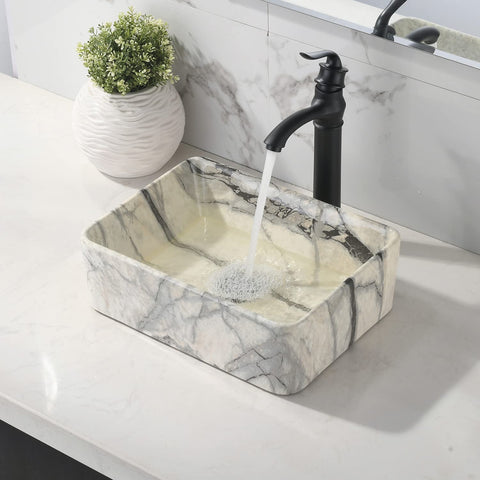 16 X 12 Inch Black And White Marble Vessel Sink And Faucet Combo For Modern Bathrooms Durable Porcelain Ceramic Vanity Basin