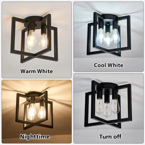 Three Light Dope Industrial Black Ceiling Light Fixture Semi Flush Mount Chandelier in various lighting modes.