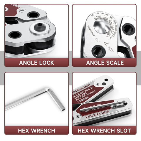 YESWELDER adjustable angle welding magnet, silver metal finish, 20-200° range, 77 lb holding power