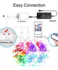 200ft Bluetooth RGB LED Strip Lights With App Control IR Remote Dope Music Sync showing connection setup with adapter and IR remote.