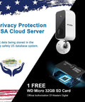 Wireless Outdoor Security Camera 1080P HD Battery Powered 9600mAh Up To 180 Days Battery Life AI Motion Detection next to SD card and USA cloud service graphic.
