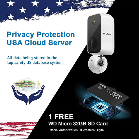 Wireless Outdoor Security Camera 1080P HD Battery Powered 9600mAh Up To 180 Days Battery Life AI Motion Detection next to SD card and USA cloud service graphic.