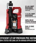 Heavy Duty One Half Horsepower Submersible Water Utility Transfer Pump With 25 Foot Lay Flat Hose and Camlock Connectors for No Sweat Yard Drainage and Reliable Job Site Cleaning, featuring discharge connections and copper windings.
