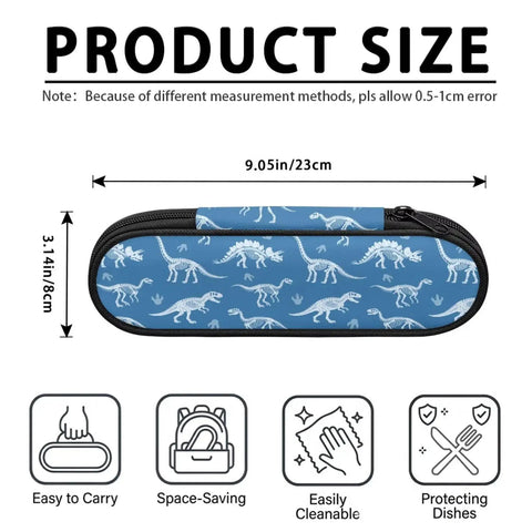 Blue Dinosaur Themed Portable Utensil Kit With Zipper Pouch, size 9.05 x 3.14 in, reusable storage case, desert camping use