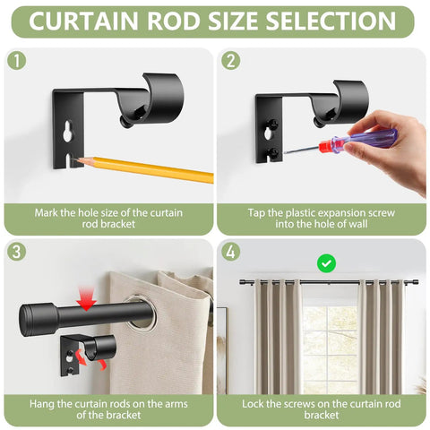 Installation steps of Five Eighth Inch Adjustable Curtain Rod Set, 30 To 90 Inches, Black Splicing Rods For Windows From 30 To 84 Inches