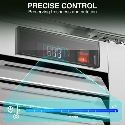 Control panel of Straight Up Heavy Duty 72 Cu Ft Three Door Reach In Upright Commercial Freezer with temperature display.