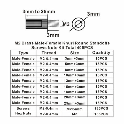 Top Shelf Brass M2 Knurled Standoff And Threaded Spacer Assortment Kit With Sweet Steel Hex Nuts Screws Clips For Pcb Motherboard Electronics Projects And Home Repairs dimensions and details of M2 brass standoffs and screws.
