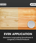 Before and after image showing wood cutting board treatment using Heavy Duty Five Inch Microfiber Wood Conditioner Applicator Pads For Cutting Board Wax And Oil Spreaders On Point Kitchen Essentials No Sweat Daily Cook Gear Four Pack.