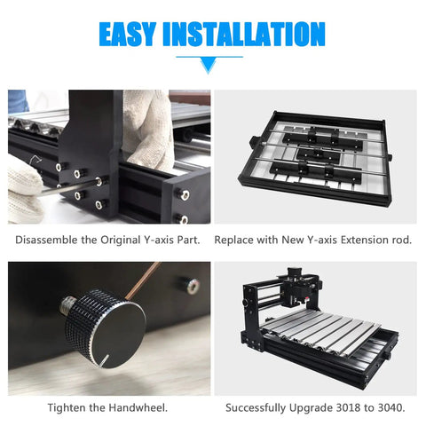 3018 CNC Upgrade Kit for X Axis and Y Axis extension installation steps with aluminum knob and extended Y-axis shown.