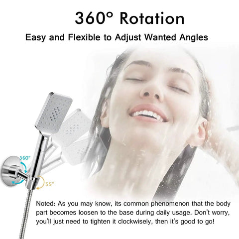 Person enjoying shower with Sturdy Stainless Steel Shower Head Holder With 360 Degree Spin Adhesive Wall Mount Bracket For Handheld Shower Heads No Tools Needed Brushed SUS 304 Finish