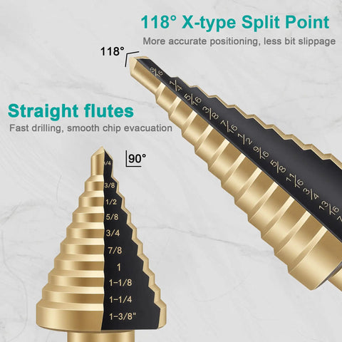 Close-up of Step Drill Bit Set 5 Piece With Fifty Sizes HSS Titanium Coated showing 118° X-type split point and straight flutes.