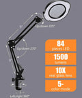 Side view of 10X Lighted Magnifying Glass With LED Desk Lamp showcasing adjustable arm and specs for crafting use.