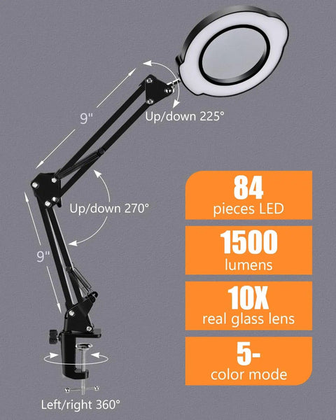 Side view of 10X Lighted Magnifying Glass With LED Desk Lamp showcasing adjustable arm and specs for crafting use.