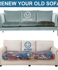 Before and after view of a couch using Cozy Ultra Stretch Sofa Cushion Covers For Indoor Outdoor Use, showcasing a blue-green cover.