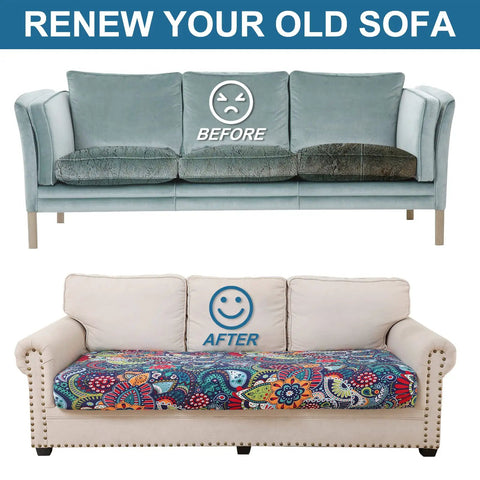 Before and after view of a couch using Cozy Ultra Stretch Sofa Cushion Covers For Indoor Outdoor Use, showcasing a blue-green cover.