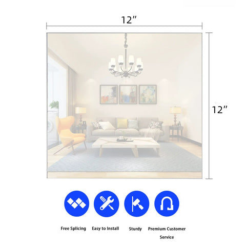 12x12 Inch Square Mirror Tiles Set Of 8 With Sticker For Easy Wall Mounting And DIY Decor Real Glass HD Clarity No Distortion diagram