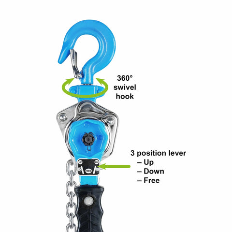 Quarter Ton Lever Chain Hoist Heavy Duty Pro Grade Ratchet Puller With Five Foot Lift And Pull Length 360° swivel hook