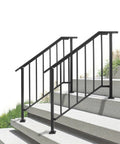 Heavy Duty Outdoor Hand Rails Kit For Two To Three Step Stairs features sturdy black wrought iron, securely mounted on concrete steps.