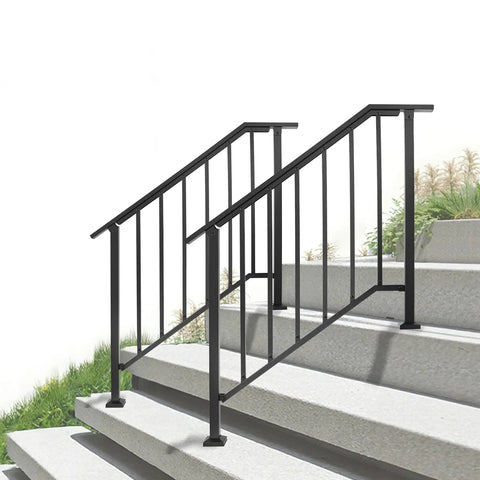 Heavy Duty Outdoor Hand Rails Kit For Two To Three Step Stairs features sturdy black wrought iron, securely mounted on concrete steps.