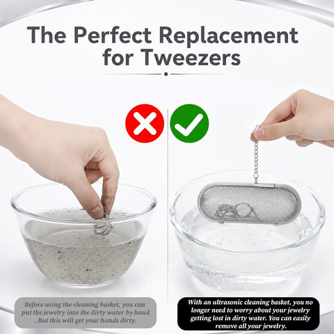 Upgraded 3 Pack Stainless Steel Ultrasonic Cleaner Baskets For Jewelry And Parts showing a mesh strainer in clean water, ideal for safe jewelry cleaning.