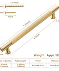 Top Shelf Solid Brass Cabinet Pulls Featuring Slick Brushed Gold Finish Straight Up Heavy Duty Drawer Handles For Modern Kitchens Closets Easy Six Inch Center Install Five Pack dimensions showing 7.67 inch length.