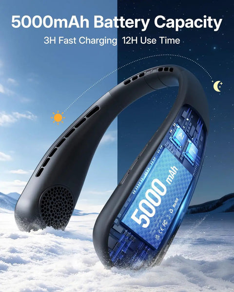 Neck Fan Portable Personal Cooling Device With 5000mAh Rechargeable Battery, Hands Free Wearable Bladeless Design, shown in snow and night