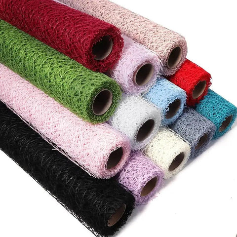 Colorful rolls of Pro Grade Flower Wrapping Mesh Paper For Bouquets, Irregular Hollow Net Wrapper, 50cm wide rolls stacked
