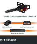 Nitro 20V 12-Inch Cordless Brushless Chainsaw With 4.0Ah Battery And Charger Included WG350 packaging contents