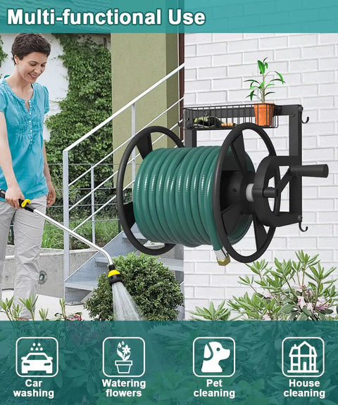 Woman using Outdoor Wall Mounted Hose Reel With Hook And Leader Hose, Heavy Duty Metal Water Organizer For Garden, Stores 125 Feet Of Five Eighths Inch Hose, Brass Fittings And Storage Basket, Black on patio wall for watering plants.