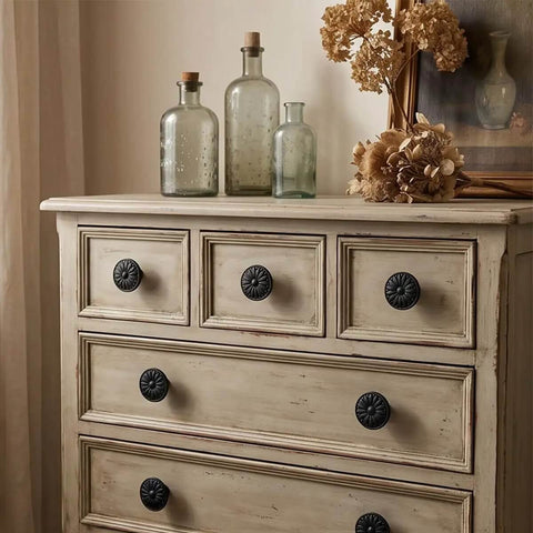 Dresser with Ten Pack Matte Black Kitchen Cabinet Knobs One And A Quarter Inch Diameter Zinc Alloy Drawer Pulls.