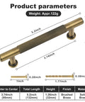 Diagram of Antique Brass Cabinet Pulls 5 Pack Solid Brass Dresser Drawer Handles showing dimensions and brushed finish.