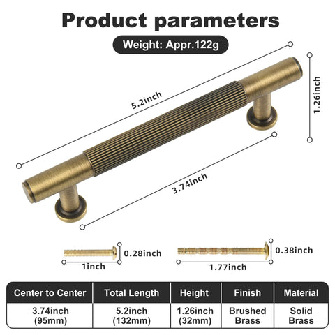 Diagram of Antique Brass Cabinet Pulls 5 Pack Solid Brass Dresser Drawer Handles showing dimensions and brushed finish.