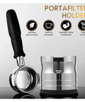 Stainless Steel 58mm Espresso Tamping Station And Portafilter Stand For Home Brewers with black handle and non-slip base.