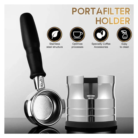 Stainless Steel 58mm Espresso Tamping Station And Portafilter Stand For Home Brewers with black handle and non-slip base.