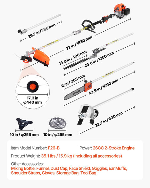 Gas Powered 7 In 1 Yard Tool with Hedge Trimmer, String Trimmer, Brush Cutter 3T and 40T, Edger, Pole Saw, 26cc 2 Cycle Engine