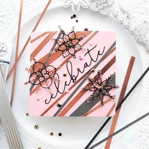 Handmade card with floral design using Strip Frame Metal Die Cut Set For Scrapbooking And Card Making, 21.3x8.9 cm strips in black and pink.