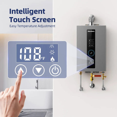 Premium Propane Tankless Water Heater Delivers Rock Solid 3.6 Gpm Instant Hot Water For Family Showers And Kitchens With Dependable Eighty Six Thousand Btu Output All Day, featuring touch screen controls.