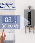 Indoor Natural Gas Tankless Water Heater Pushing Out Four Point Seven Five Gallons Per Minute While Cranking One Twenty Thousand Btu with digital touch display.