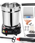 Pro Grade Double Boiler Wax Melter Pot For Candle Making Kit With Temperature Tools And Warmer, shown with accessories