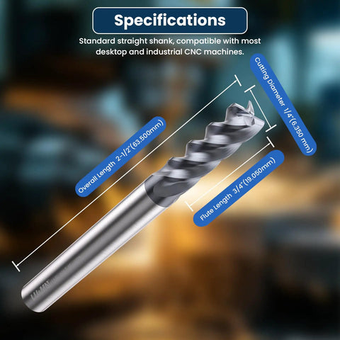 Carbide End Mills Square Mill Bit Set Four Flute TiAlN Coated One Quarter Inch Shank And One Quarter Inch Diameter diagram